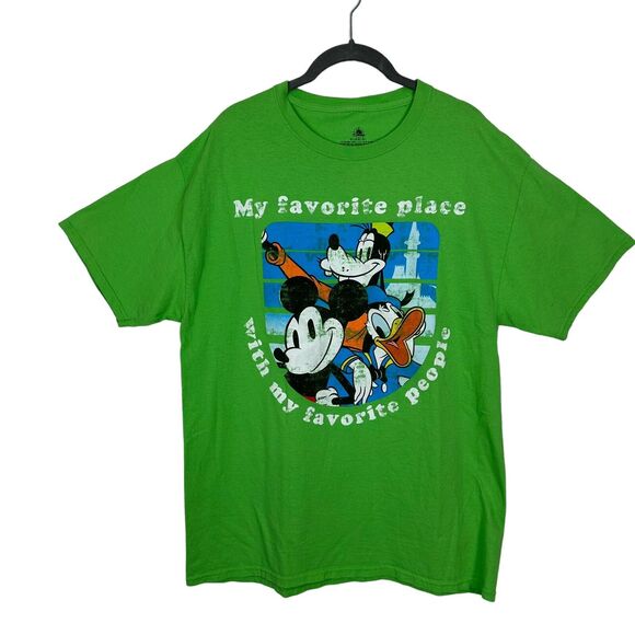 Disney Parks Shirt Large Green My Favorite Place Mickey Donald Goofy Graphic Tee - Picture 1 of 7